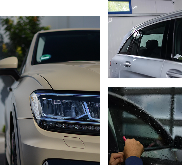 Fahrzeugfolierung und Scheibentönung an einem SUV mit matter Karosseriefolie, abgedunkelten Fenstern und Detailarbeit an der Seitenscheibe.